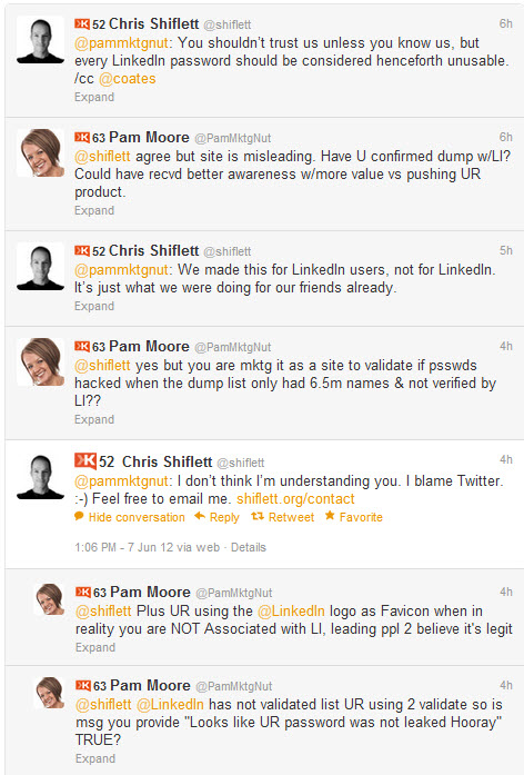 LinkedIn Twitter Hacked @Shiflett Conversation 